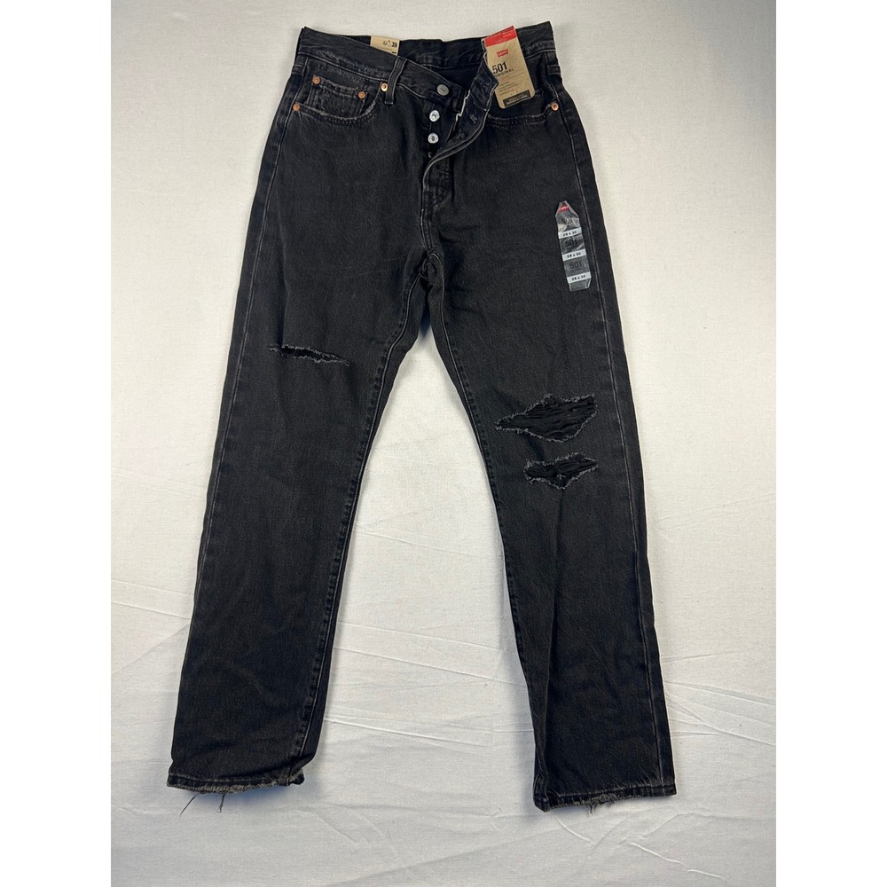 Levis 501 Original High Rise Straight Distressed Black Jeans 28x30 12501-0422